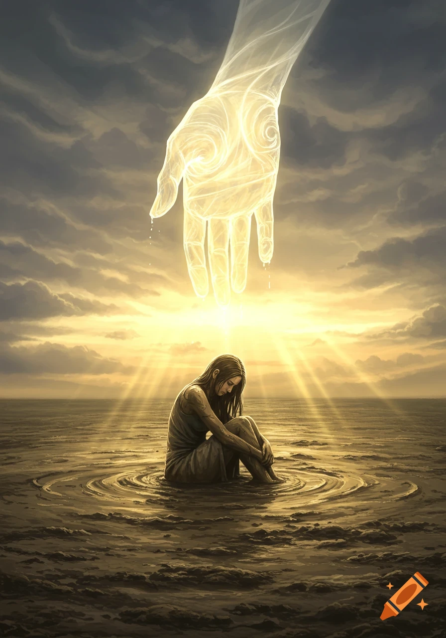 A woman sits in muddy water as a glowing, ethereal hand descends from a sunlit sky.