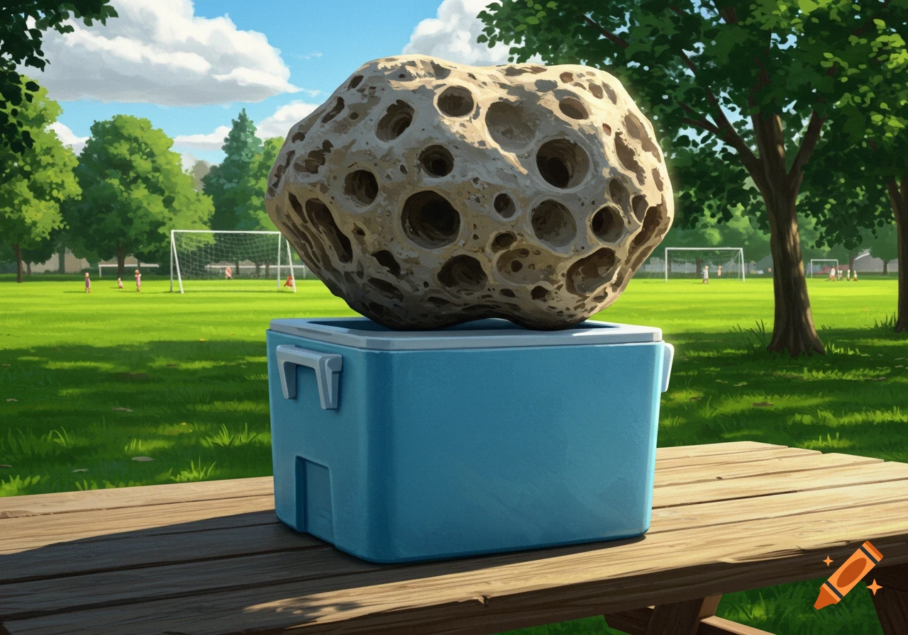 A large porous stone rests on a light blue cooler on a picnic table in a park, with a soccer field in the background.