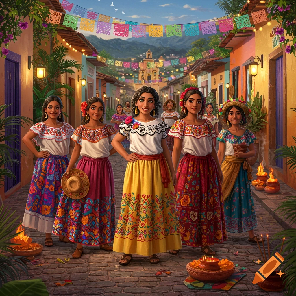 Several Latinas in vibrant, traditional dresses stand smiling on a colorful, festive village street decorated with papel picado.