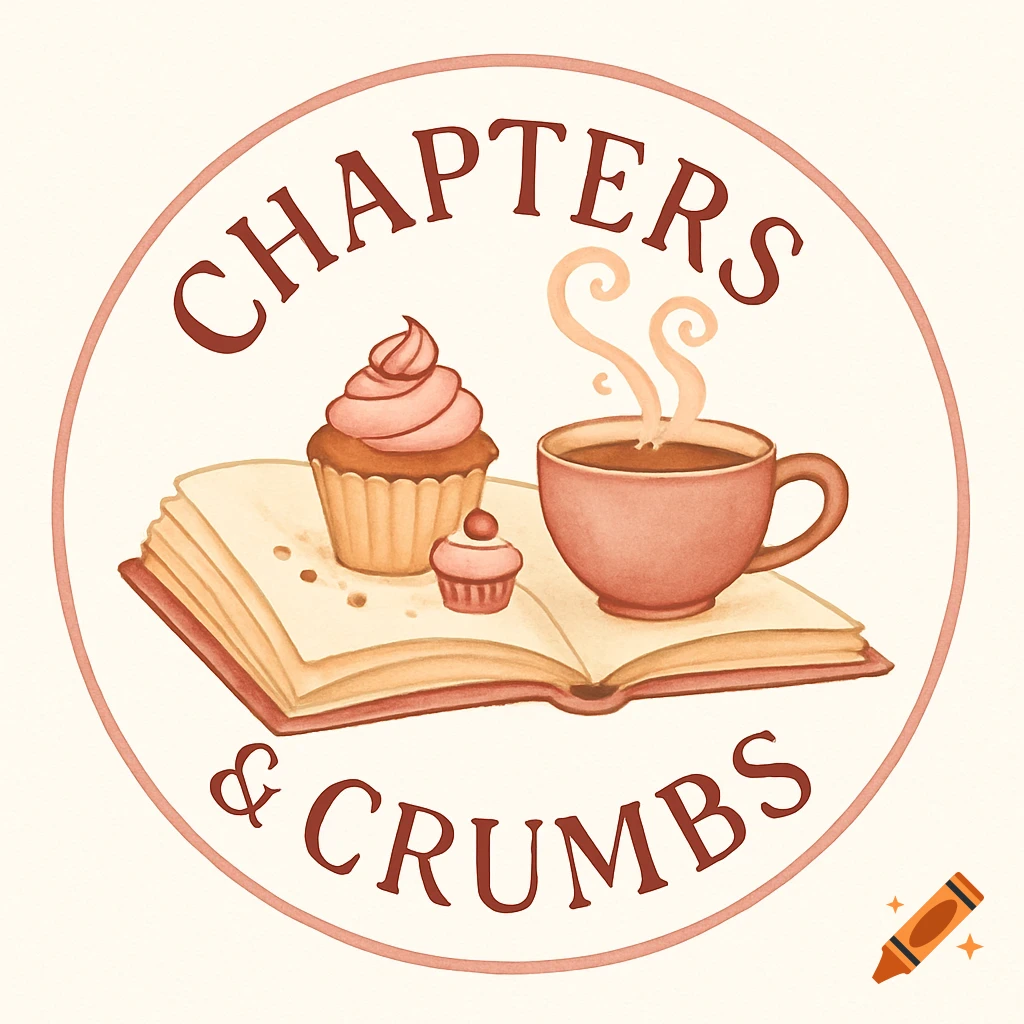 A cozy watercolor logo with an open book, cupcakes, and a steaming coffee cup within a circle, featuring 'CHAPTERS & CRUMBS' text.