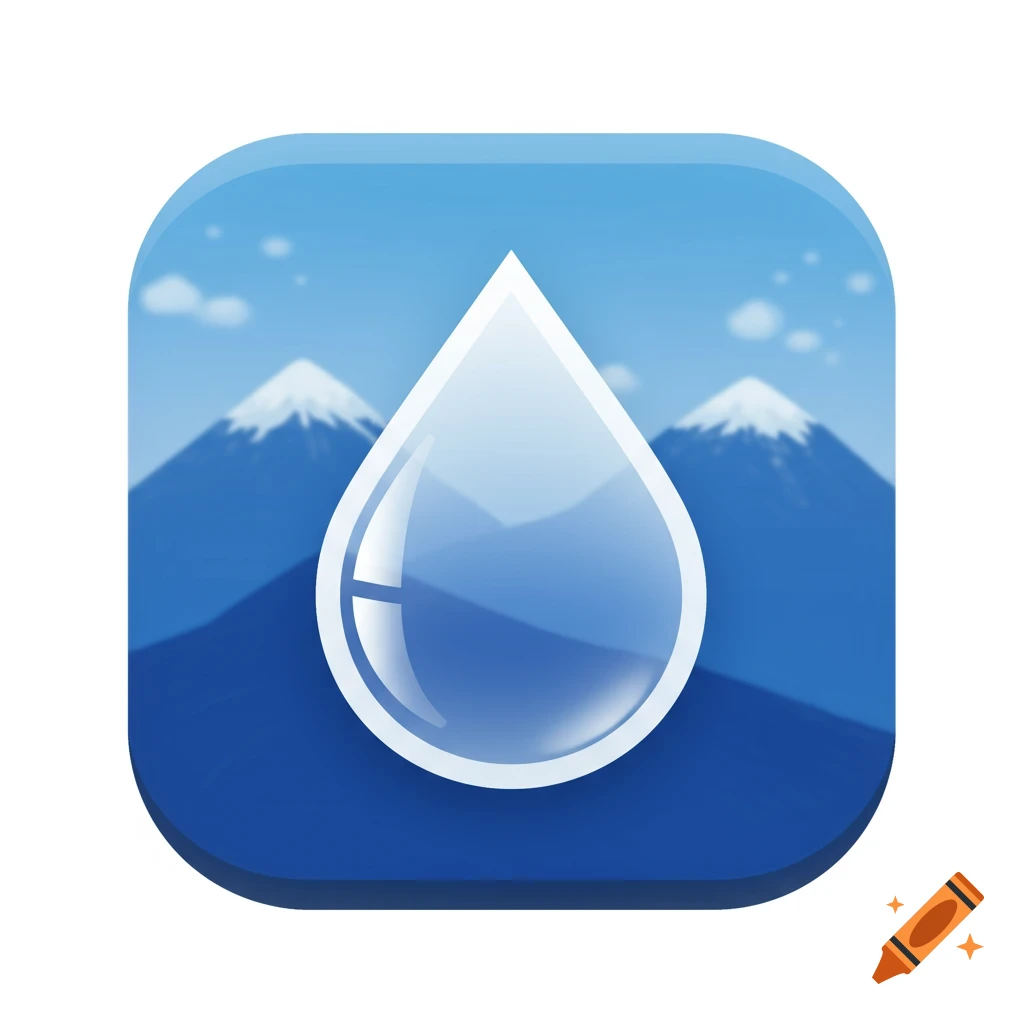 A rounded blue square icon featuring a shiny, translucent water drop in the center, with two snow-capped blue mountains in the background under a light blue sky.