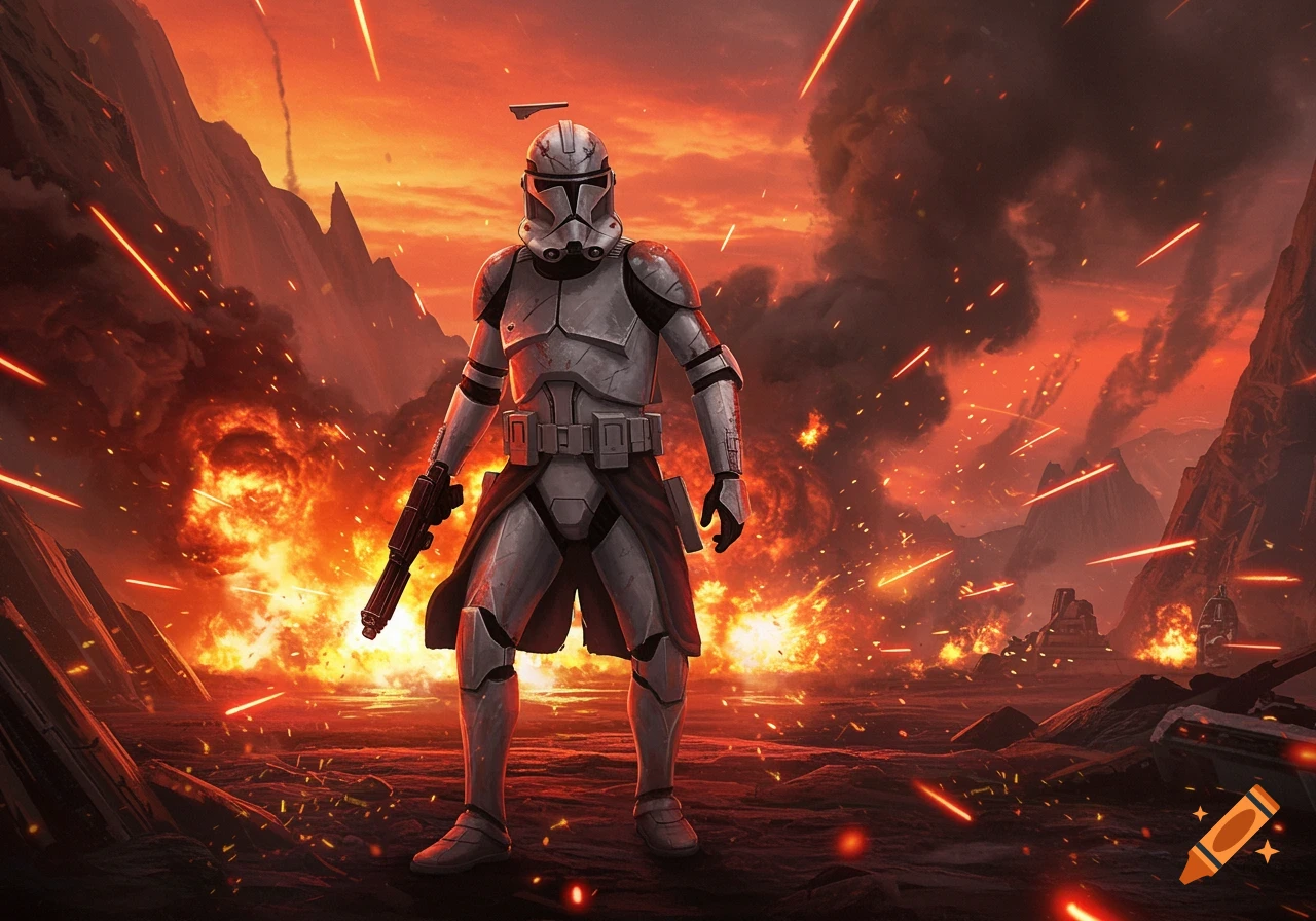 A clone trooper stands amidst explosions and laser fire on a volcanic battlefield, digital art.