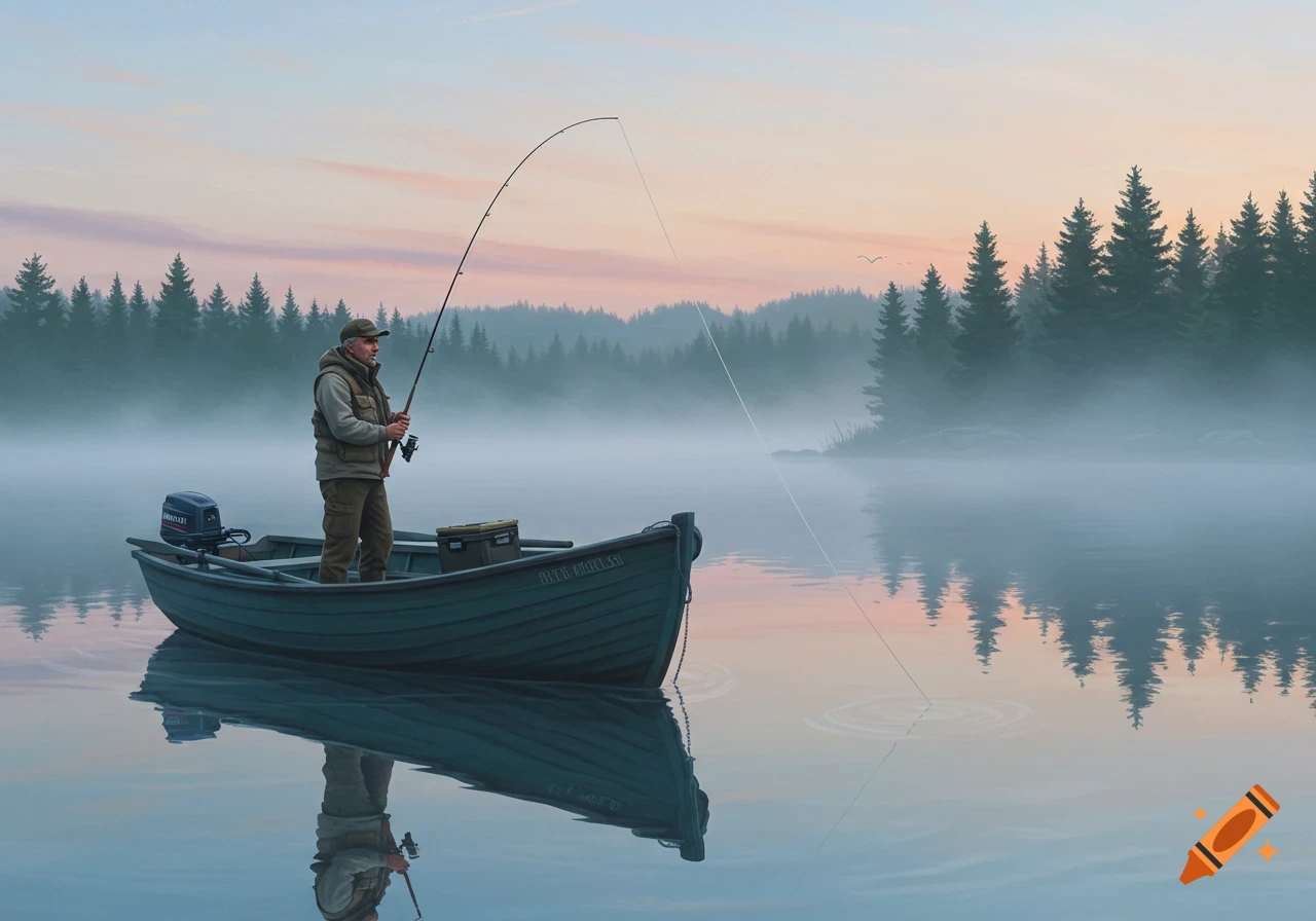A man fishes from a boat on a misty lake at dawn, surrounded by a forest. Realistic painting style.