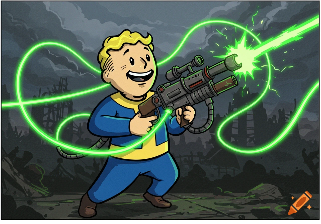 A cartoon Vault Boy from Fallout smiles, firing a bright green plasma beam from a rifle in a post-apocalyptic setting.