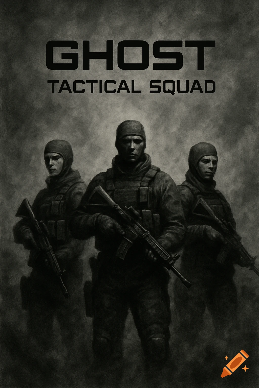 A dark, gritty illustration of three military soldiers in tactical gear, holding assault rifles, with 'GHOST TACTICAL SQUAD' text above.