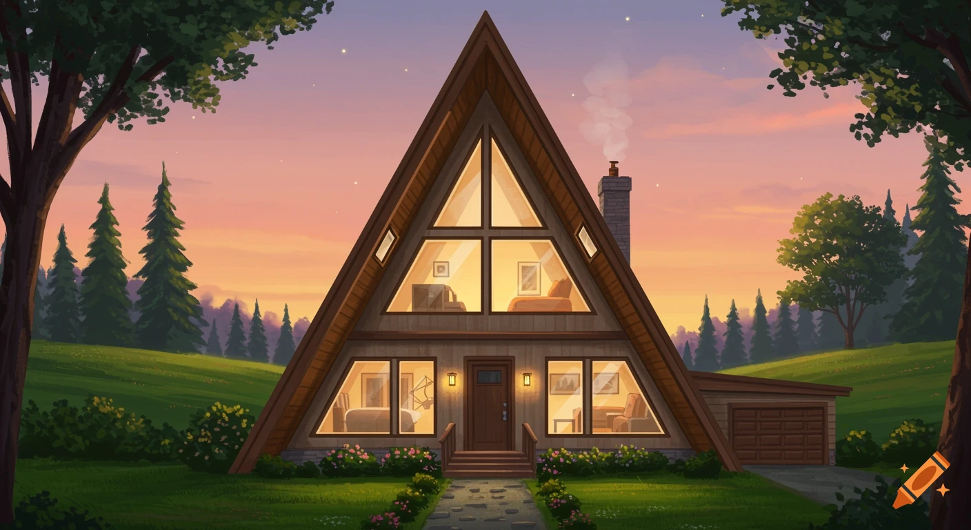An illustrated A-frame house with a garage, set amidst green hills and trees under a vibrant sunset sky.