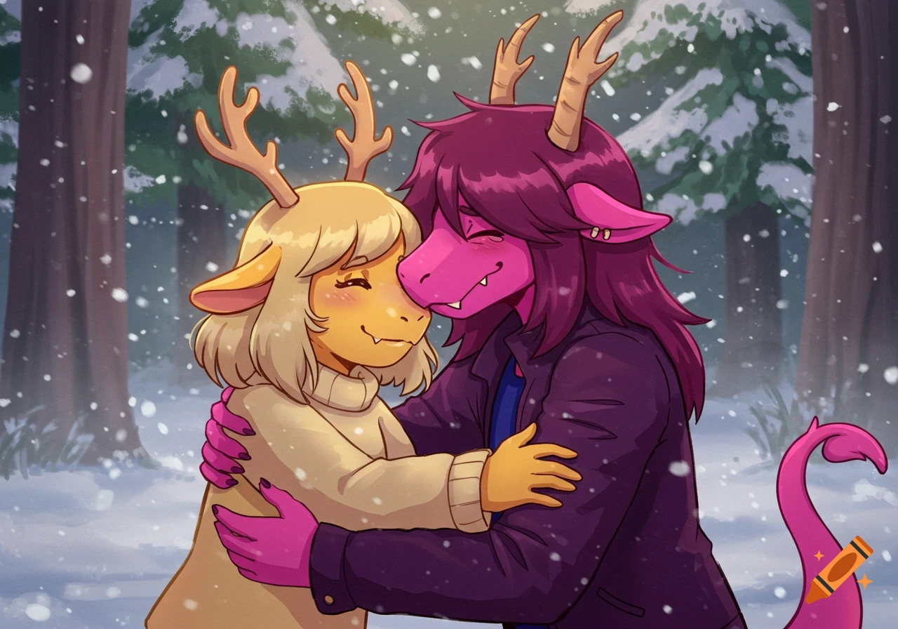 Cartoon style illustration of Noelle and Susie from Deltarune hugging in a snowy forest.