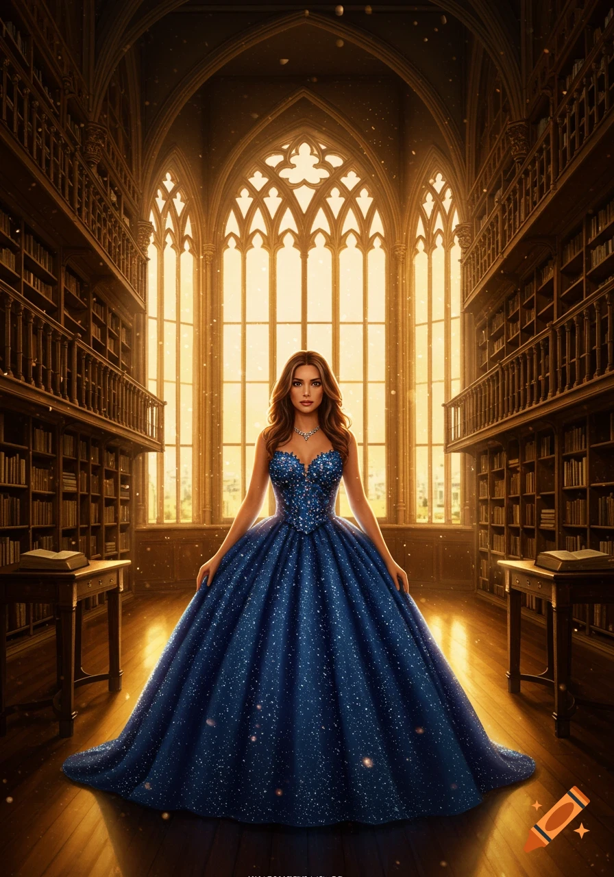A woman in a sparkling blue ball gown stands in a grand, sunlit gothic library with tall windows and bookshelves.