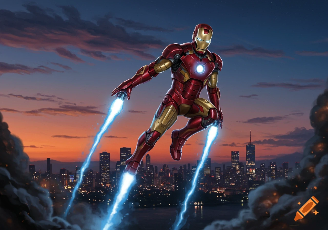 Iron Man flying over a city skyline at dusk, with blue propulsion blasts from his hands and feet.
