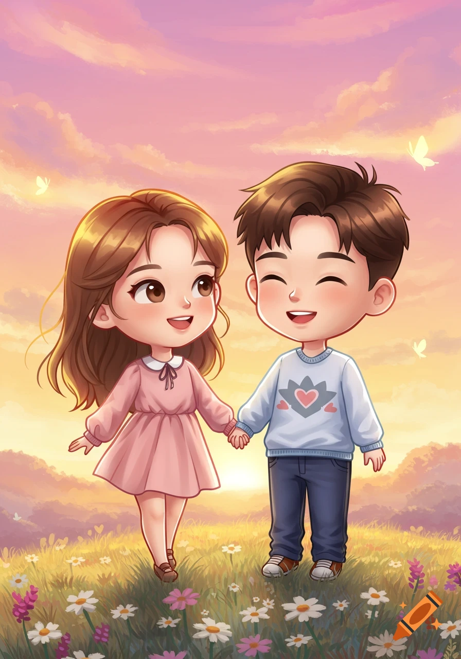 A cute chibi cartoon boy and girl holding hands, walking through a flower field at sunset.