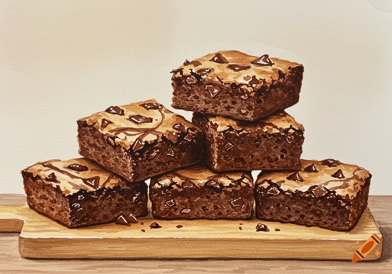 A watercolor painting of a stack of brownies on a wooden cutting board.
