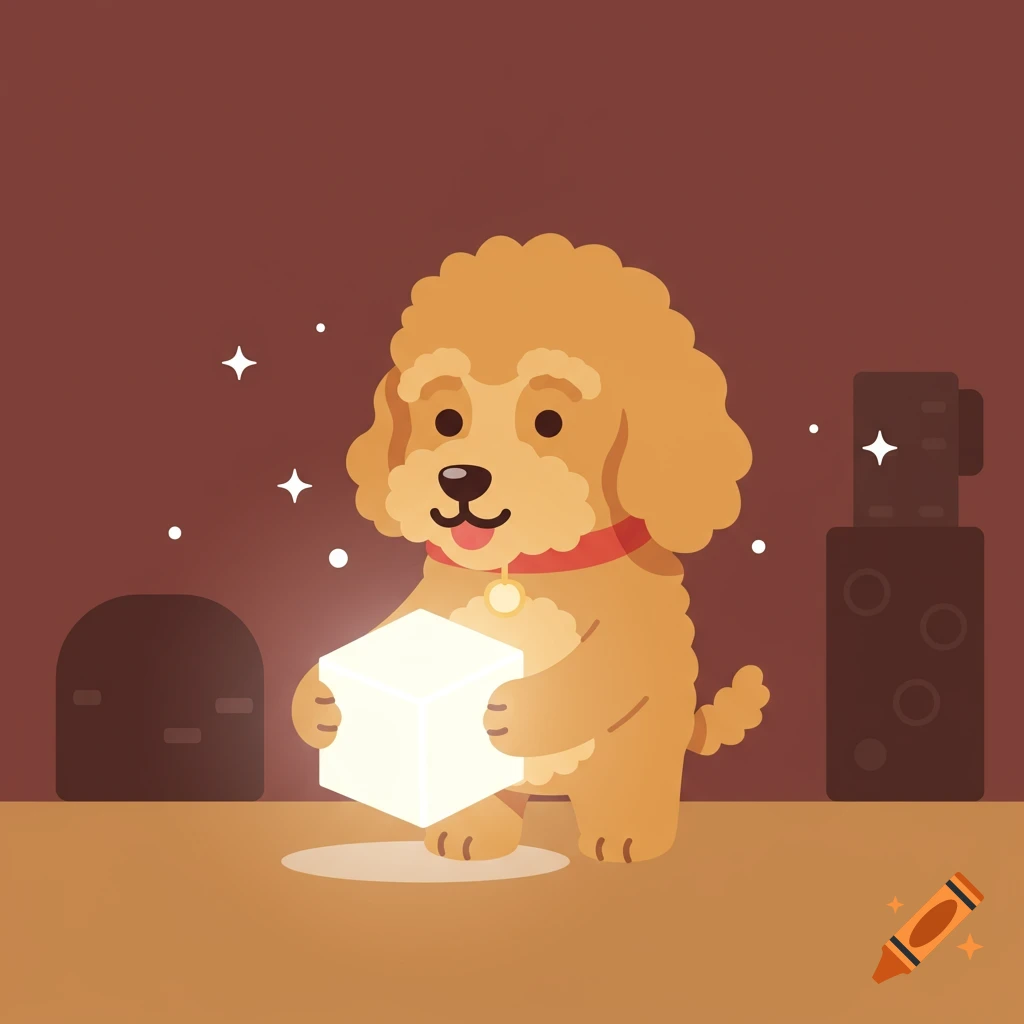 A cartoon golden doodle mascot with a red collar holds a glowing white cube in a brown room with sparkling stars.