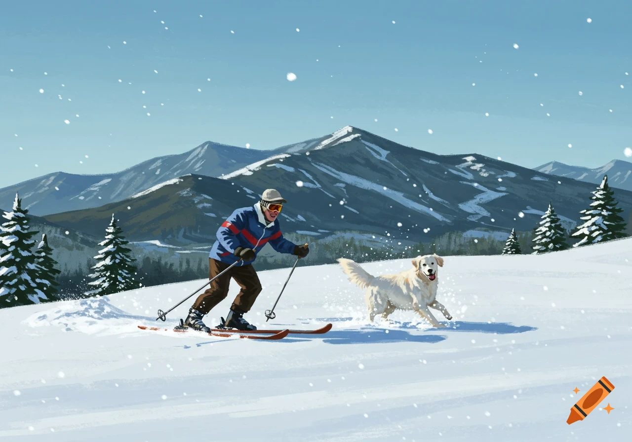An illustration of an old man skiing down a snowy mountain slope with a white golden retriever running beside him, snow falling lightly.