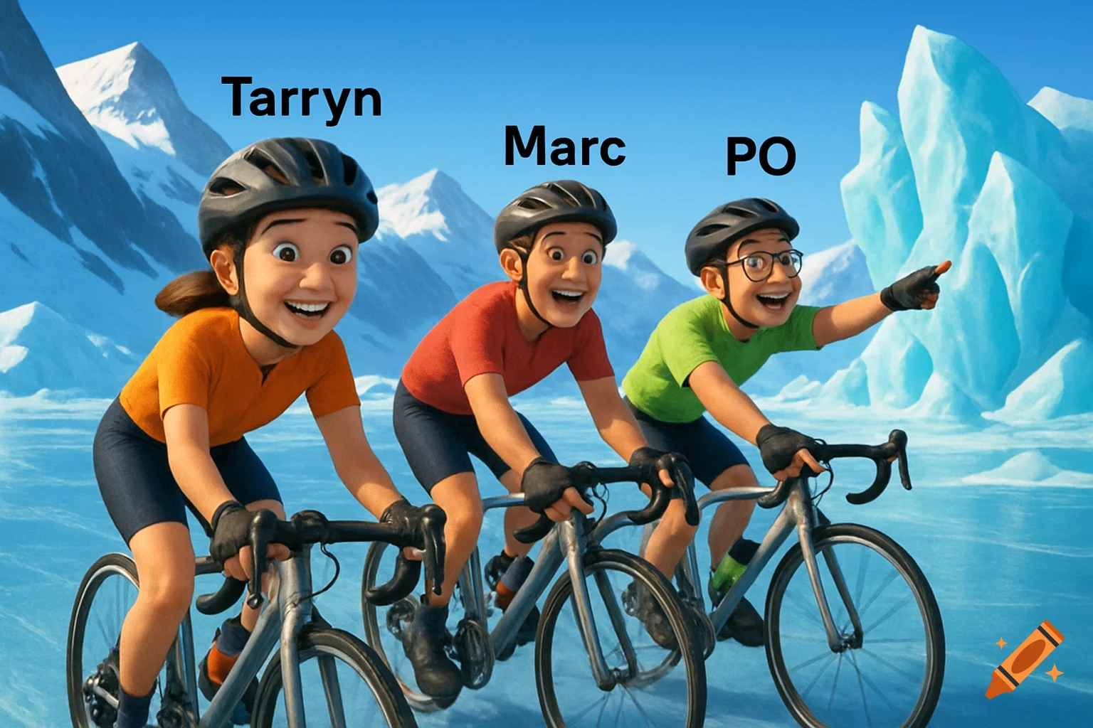 Three cartoon friends cycle across a glacier with snowy mountains under a blue sky, one pointing.