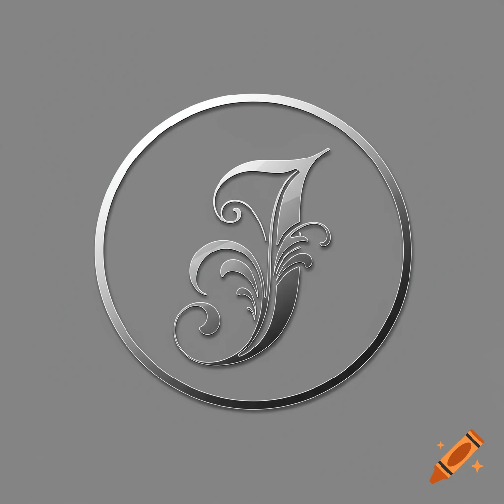 A silver, ornate cursive letter J with floral-like embellishments inside a circular silver border on a gray background.