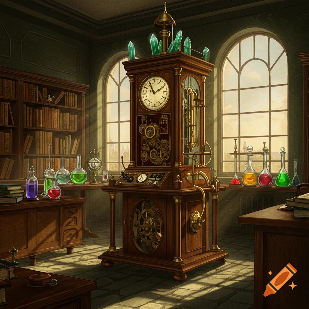 An elaborate steampunk time machine in a vintage laboratory with bookshelves and beakers.