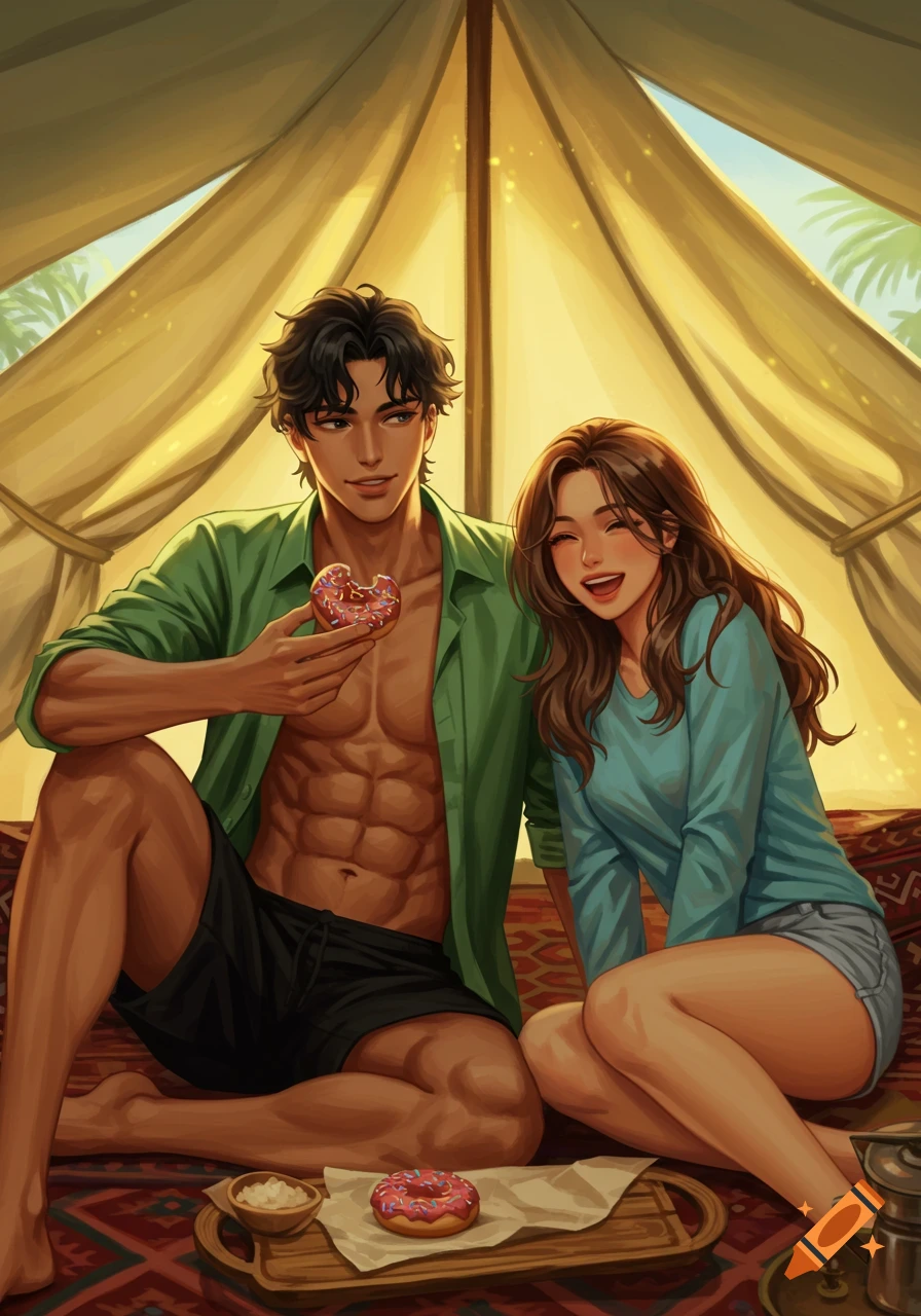 Illustrative drawing of a smiling man with an exposed torso and a woman in a tent, holding a donut.
