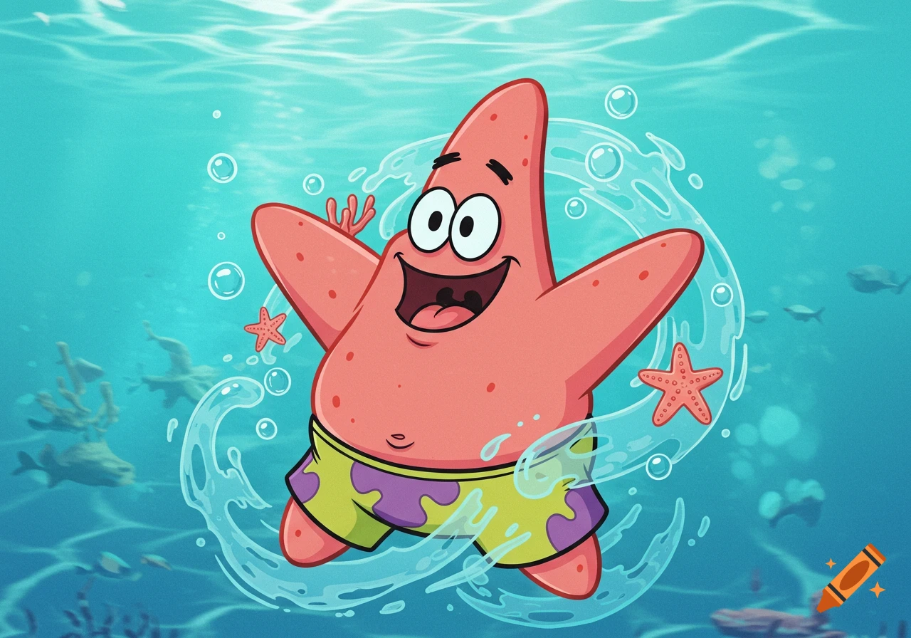 Patrick Star, a pink cartoon starfish wearing green and purple shorts, smiles widely underwater surrounded by bubbles and small starfish.