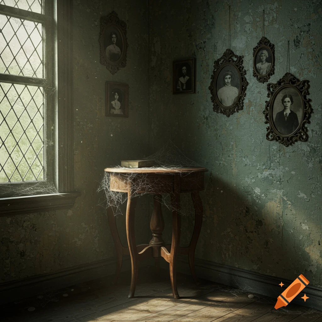 Dusty, dimly lit corner of an old room with a small, cobweb-covered table, framed portraits on a peeling wall, and light from a leaded window.