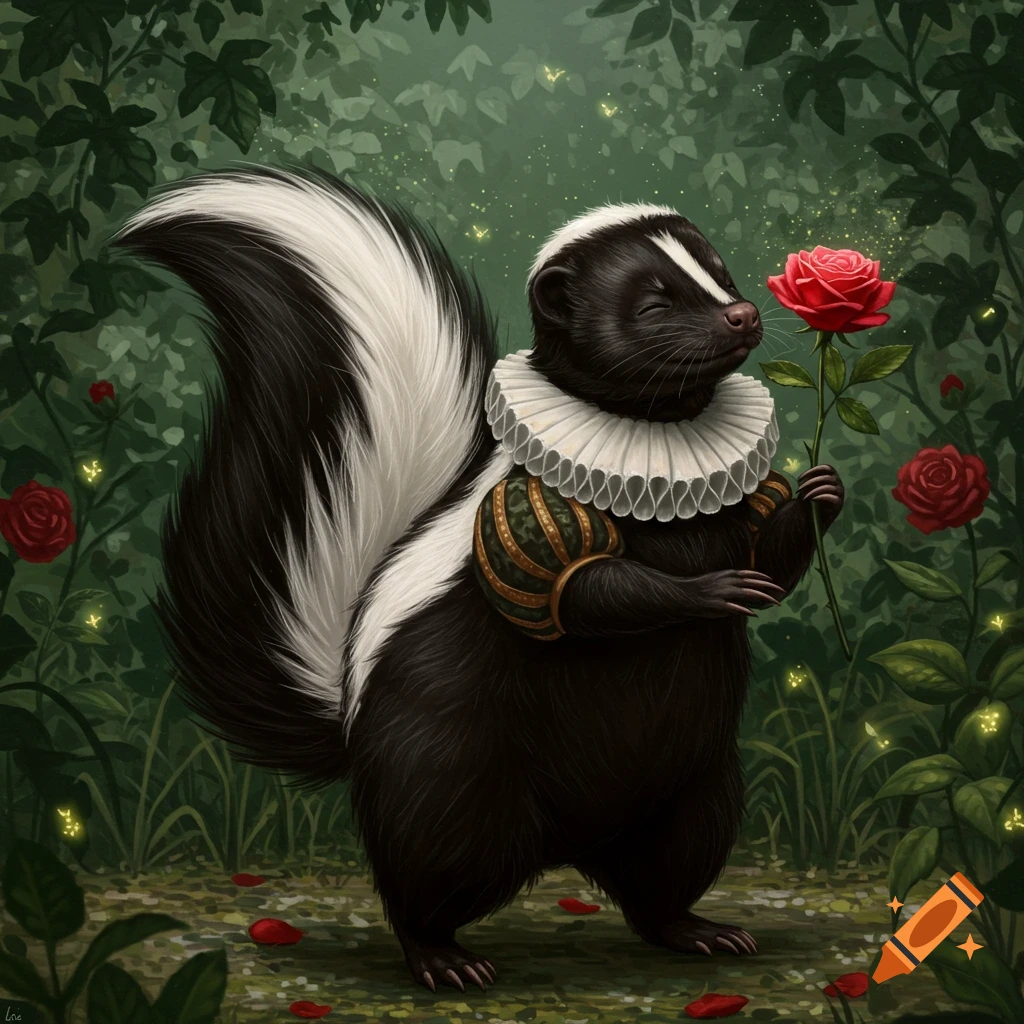 A charming black and white skunk in an Elizabethan ruff sniffs a red rose in a verdant forest with glowing fireflies.