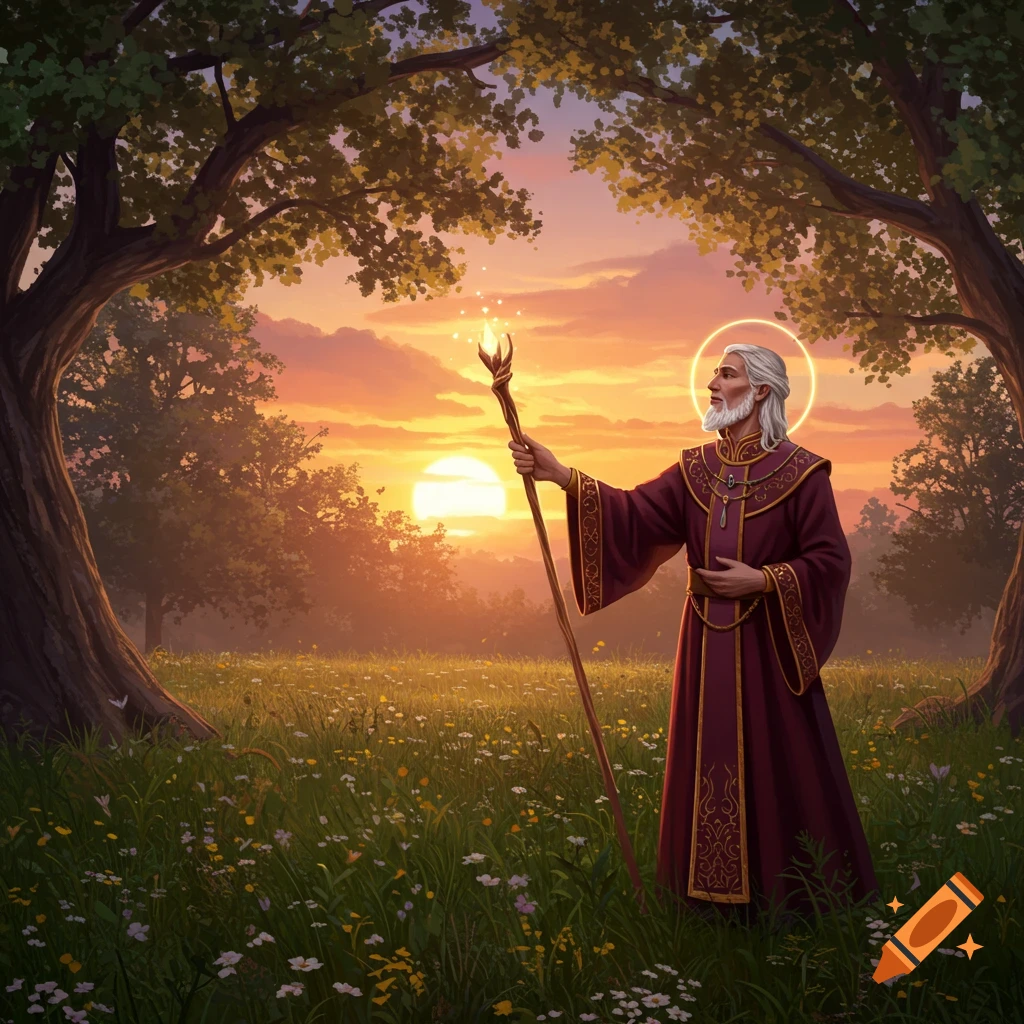An old man with a beard and halo, wearing a purple robe, holds a glowing staff in a sunlit field with wildflowers and large trees at sunset.