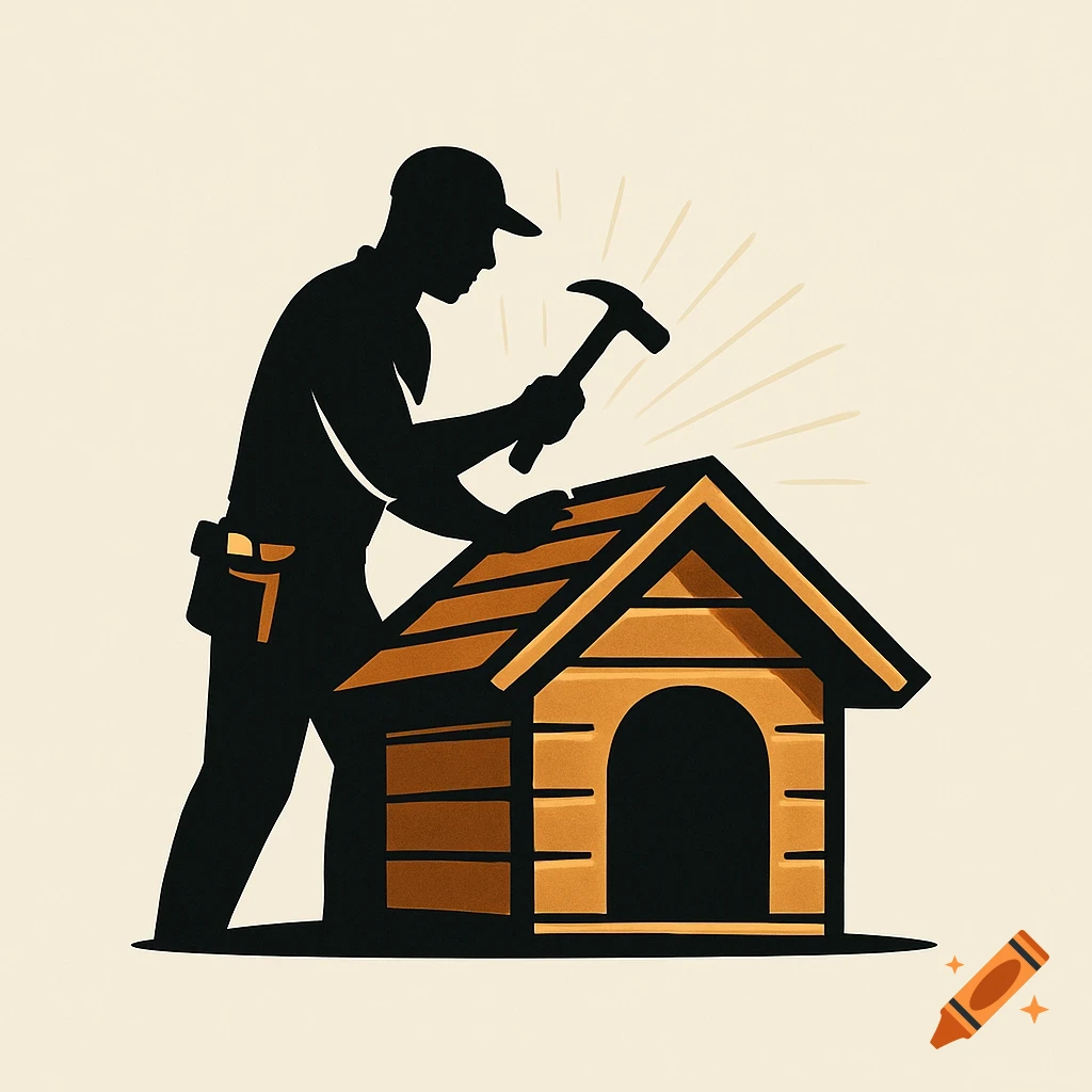 Silhouette logo of a man building a wooden doghouse with a hammer, on a light background.