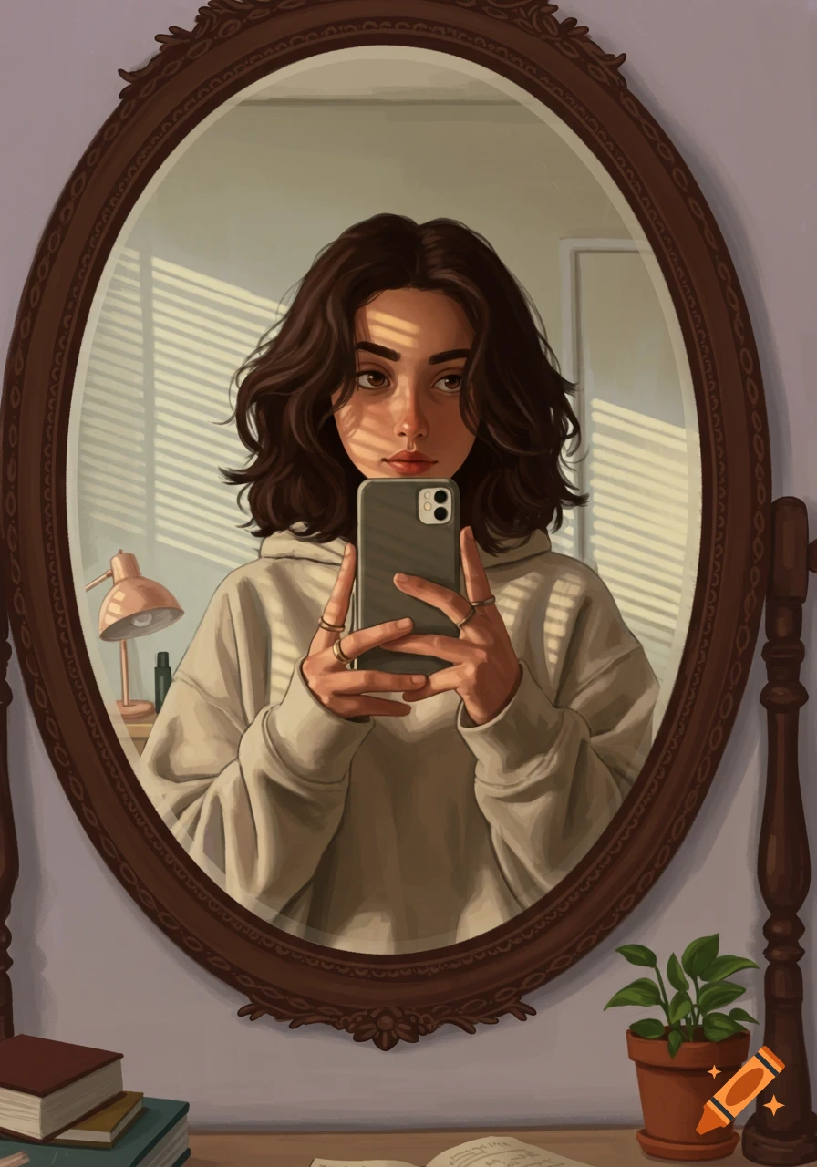 A digital illustration of a woman with dark, messy hair taking a selfie in an oval mirror, with sunlight casting shadows through blinds.