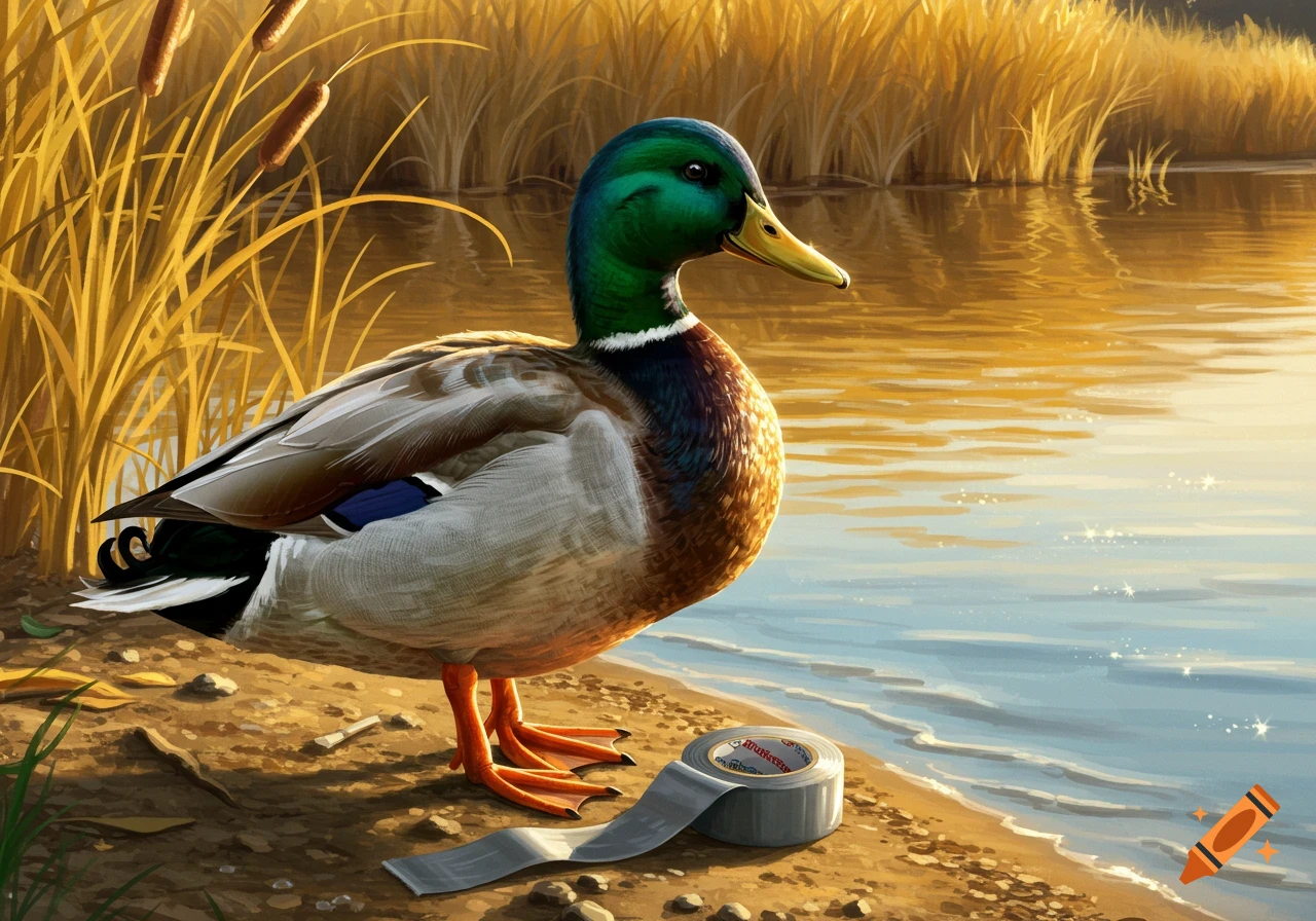 A mallard duck stands on a muddy bank next to a roll of duct tape, facing a sunlit body of water with reeds in the background.