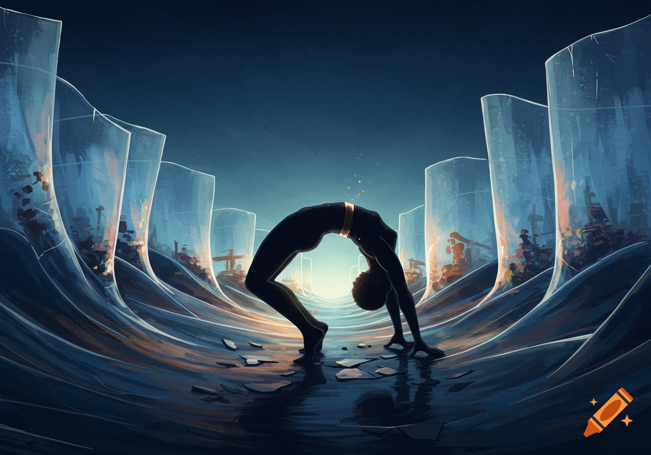 A silhouetted figure in a deep yoga backbend pose on a reflective surface, surrounded by glowing, translucent structures in a digital art style.