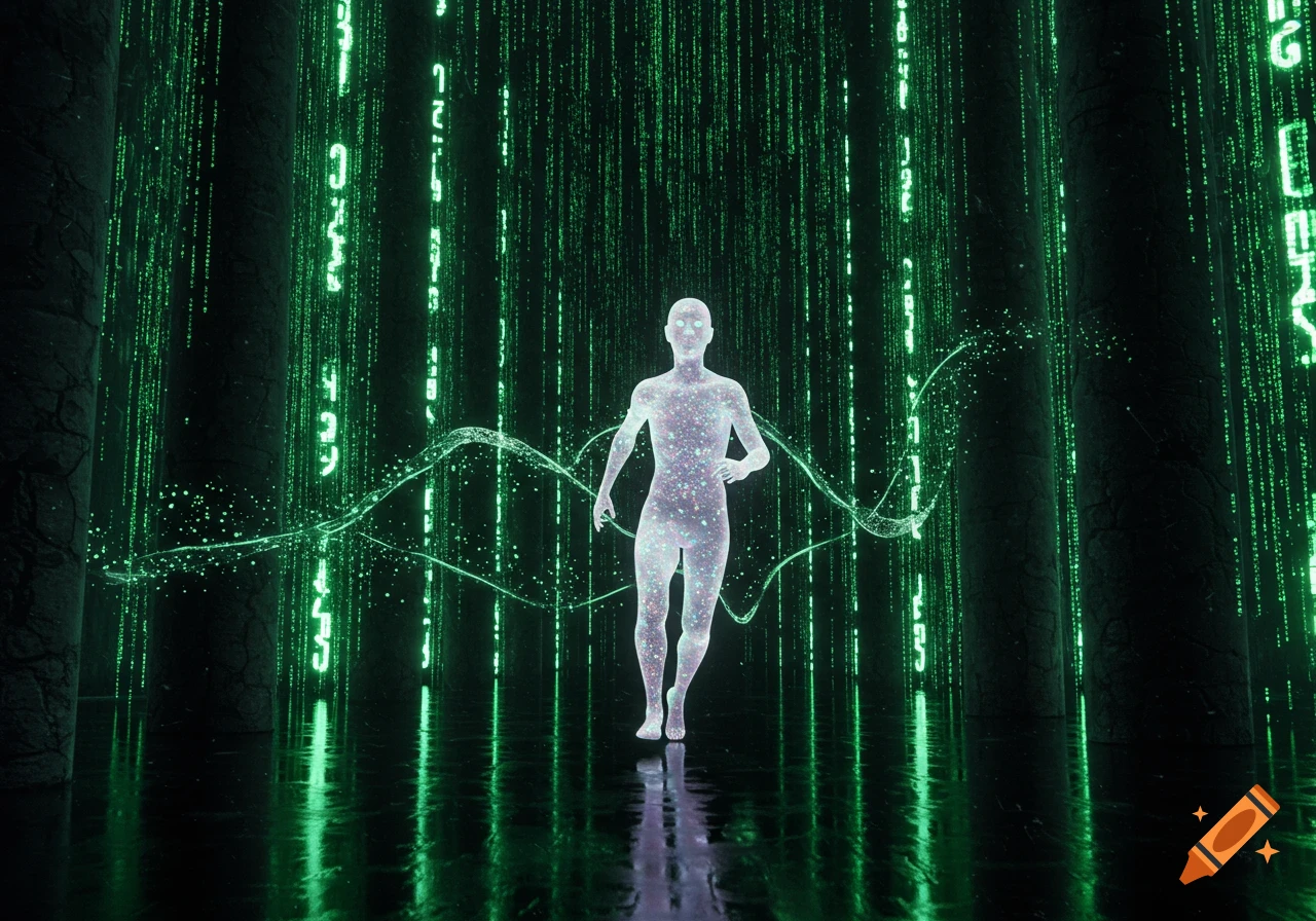 A translucent, sparkly humanoid figure stands in a dark room with green digital code falling like rain, reminiscent of The Matrix.
