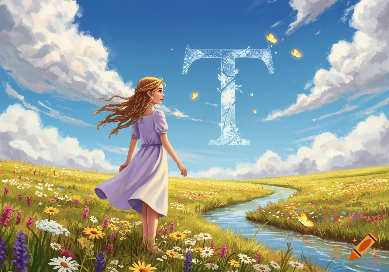 Illustrated girl in a purple dress stands in a vibrant flowery field with a stream, looking at a large glowing letter 'T' in a blue sky.