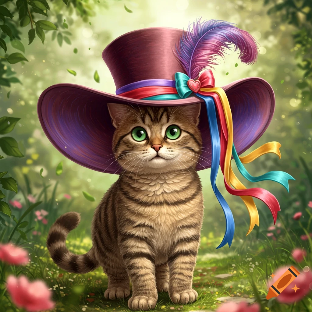 A cute tabby cat with green eyes wearing a large purple top hat adorned with colorful ribbons and a feather, standing in a lush green garden.