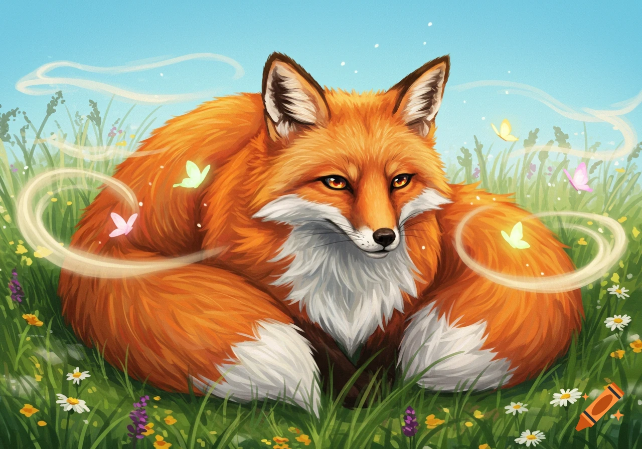 A fluffy orange and white fox sits in a grassy field with wildflowers and butterflies, surrounded by glowing swirls in an illustrative style.