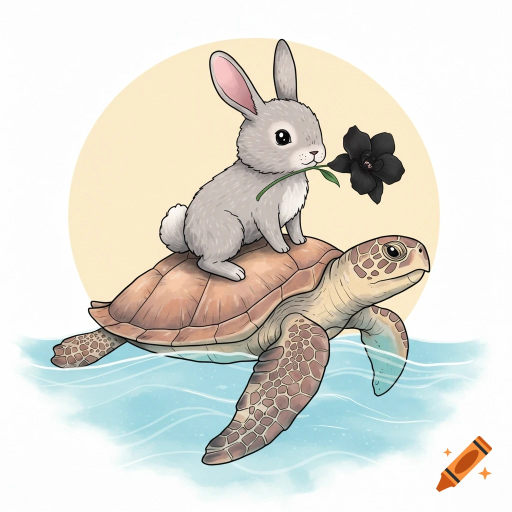 A cute, illustrative tattoo design featuring a gray bunny riding a sea turtle while holding a black orchid in its mouth.