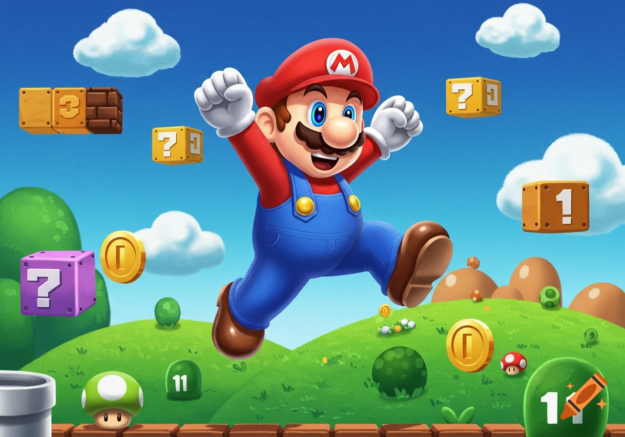 Mario, a cartoon character in blue overalls and a red cap, jumps mid-air in a vibrant Super Mario Bros. style landscape with question mark blocks, coins, and green hills under a blue sky.