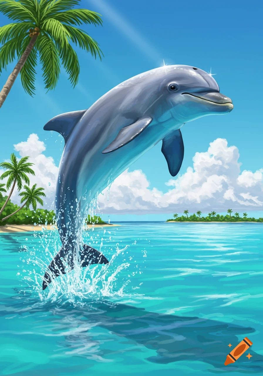 A gray dolphin leaps from turquoise tropical waters near palm tree islands under a sunny sky.