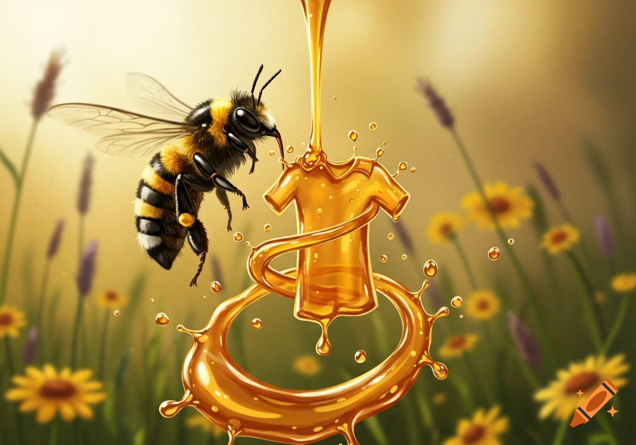 An illustration of a bee hovering next to a golden shirt shape formed by pouring honey, in a field of yellow and purple flowers.