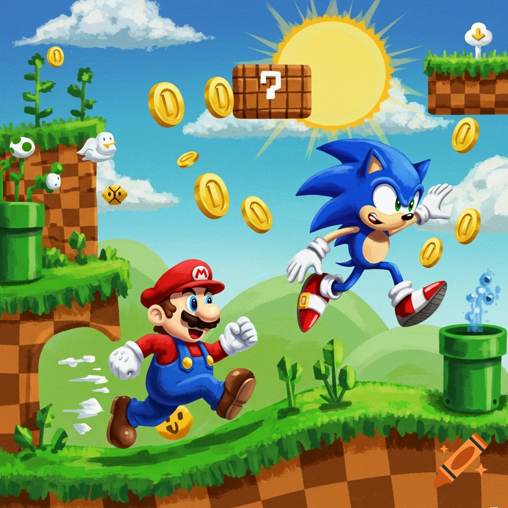 Mario and Sonic run through a colorful, cartoon-style Super Mario Bros. level with question blocks and coins under a bright sun.