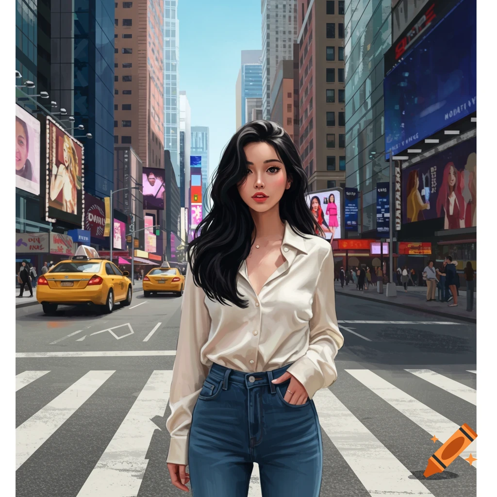 An anime-style young woman with long dark hair stands on a crosswalk in a bustling city with tall buildings and yellow taxis.