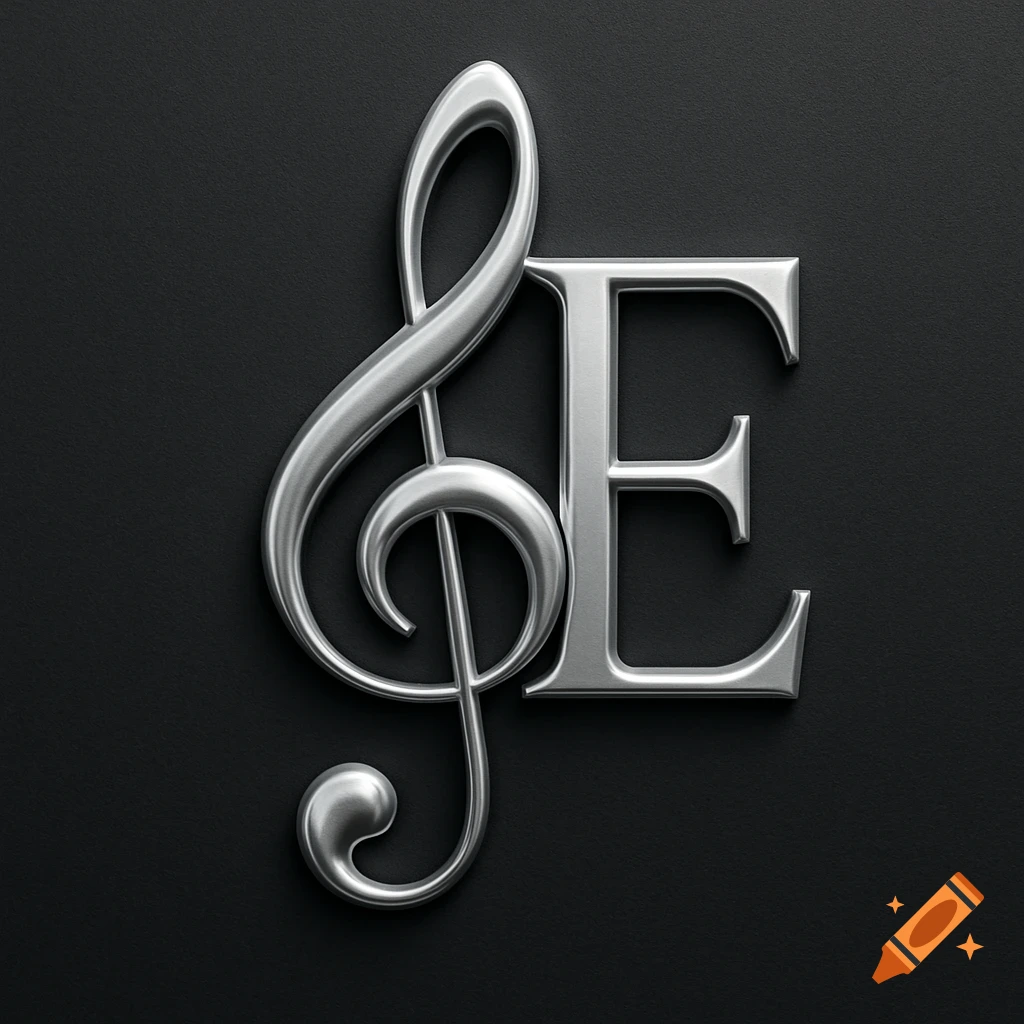 A silver treble clef interlocked with a capital letter E on a dark background.