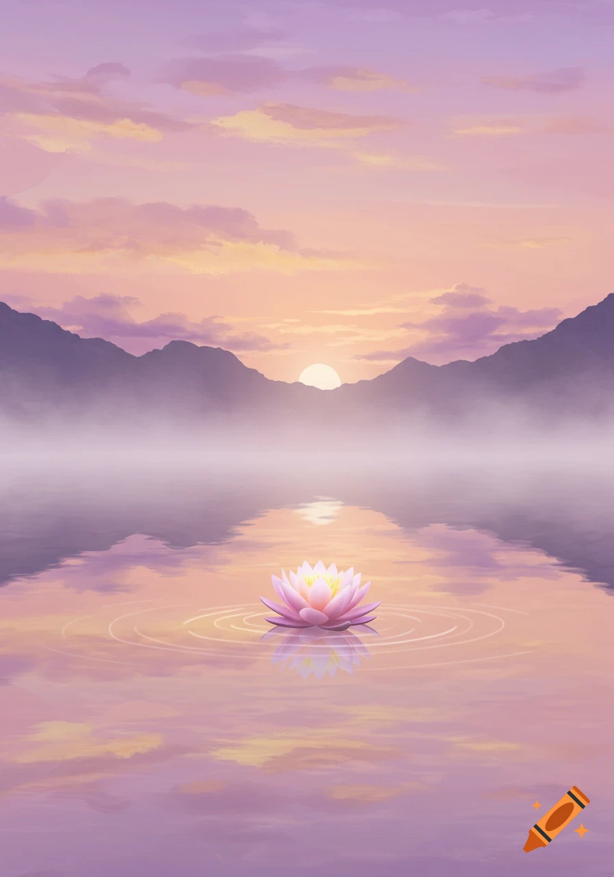 A pink lotus flower floats on a serene lake, reflecting a purple and orange sunset over misty mountains. Illustrated style.