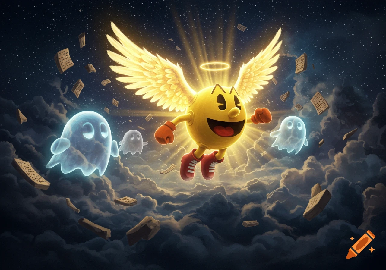 Angelic Pac-Man with glowing wings and a halo flies through a dark, cloudy, starry sky, pursued by glowing ghosts and floating tablets.