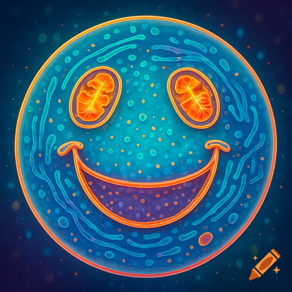 A vibrant blue and orange stylized eukaryotic cell, with its organelles forming a smiley face, set against a dark background.