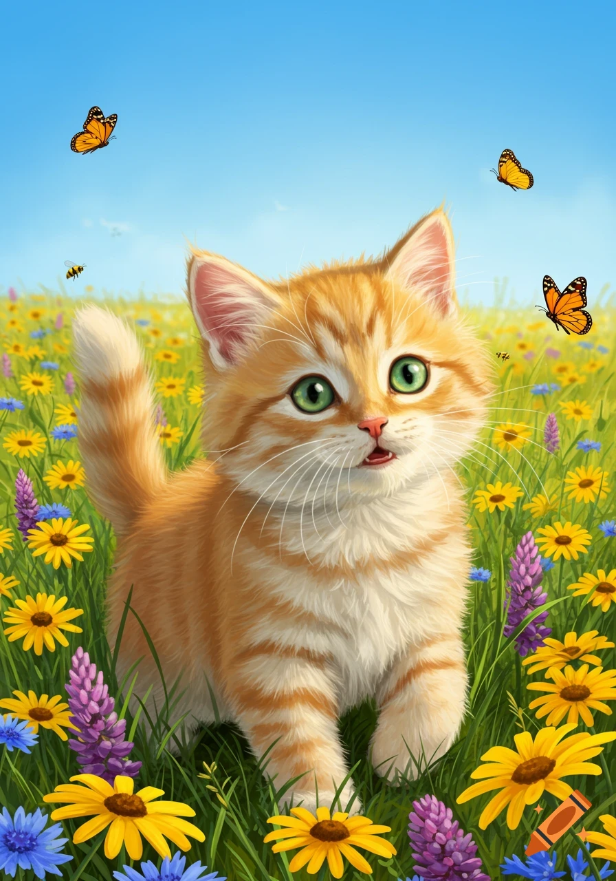 A cute orange tabby kitten with green eyes stands in a field of colorful wildflowers under a blue sky, with butterflies.
