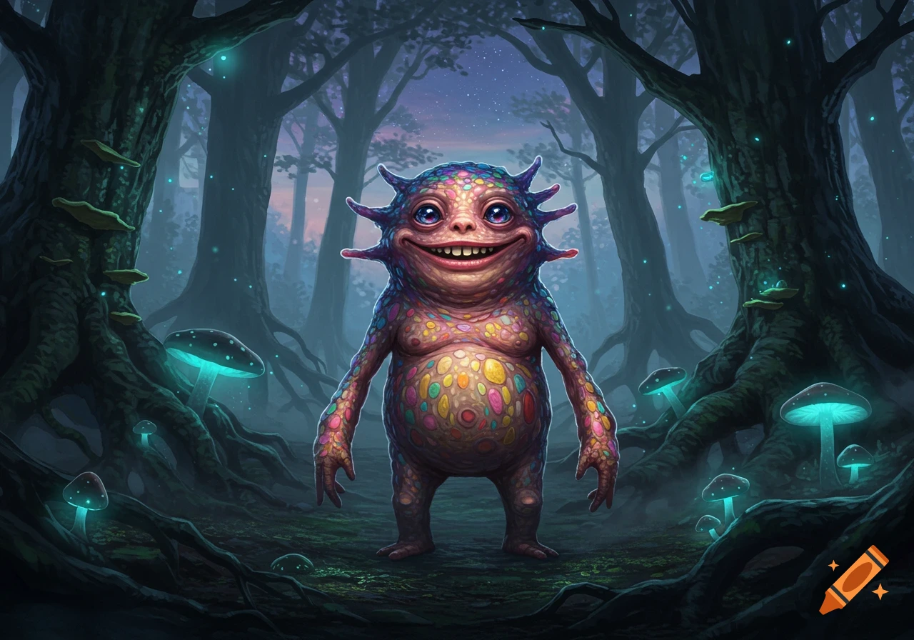 A colorful, smiling, toad-like creature stands in a dark, enchanting forest with glowing blue mushrooms, digital art.
