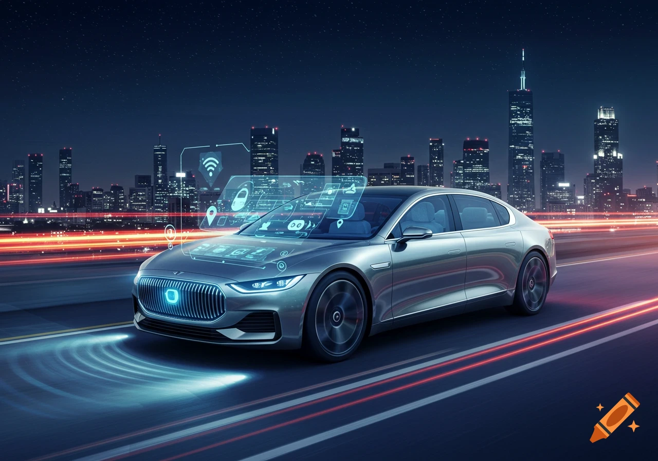 A silver autonomous car with glowing blue holographic displays drives on a highway at night, with a modern city skyline in the background.