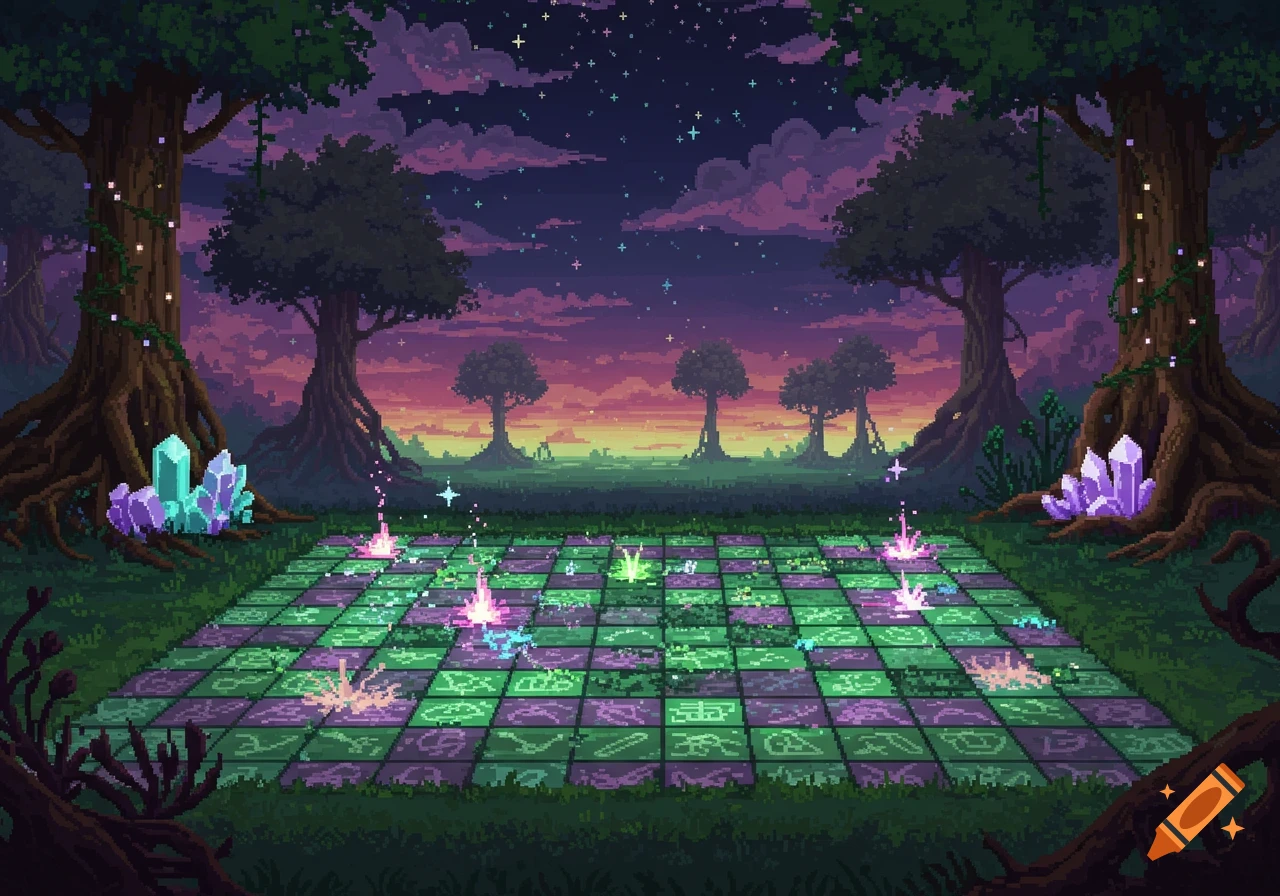 A vibrant pixel art magical fighting arena at twilight, with glowing crystals, mysterious symbols on a grid, and large trees.