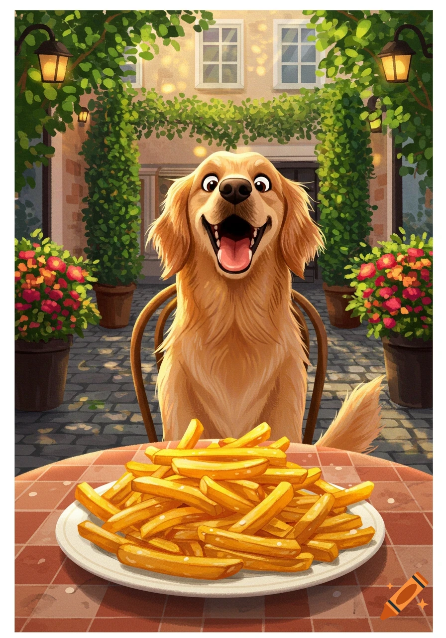 A happy golden retriever sits at a cafe table with a large plate of french fries in front of it, illustrated.