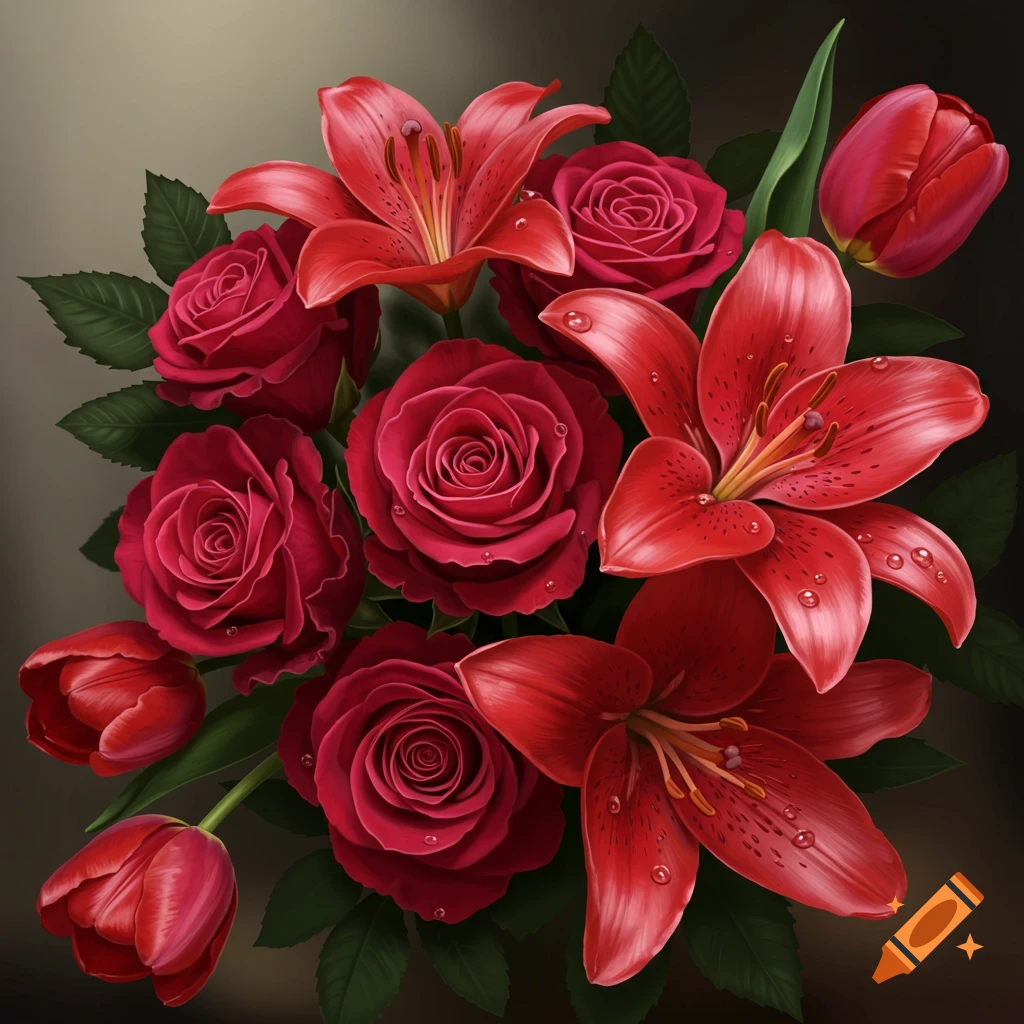 A vibrant bouquet featuring red roses, lilies, and tulips with water droplets, in a photorealistic style.