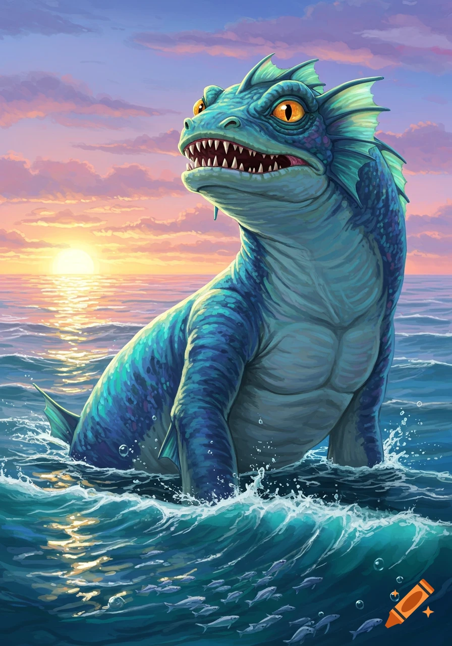 A blue, reptilian sea monster with sharp teeth and orange eyes rises from the ocean at sunset, small fish swim below. Illustrated.